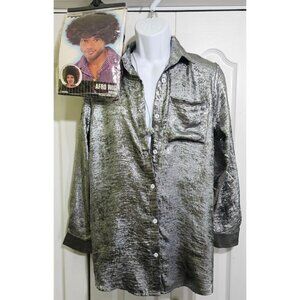 Disco Costume Silver Button Down Shirt Mini Dress Afro Wig Ball Necklace 60s 70s